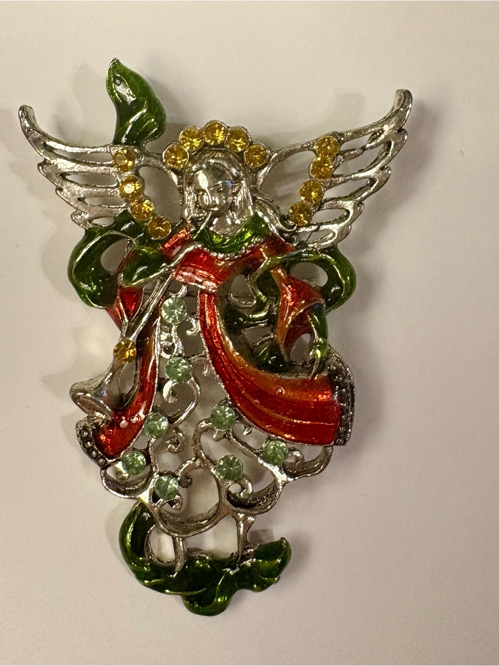 Silver-tone Angel Pin with Red and Green Enamel and Rhinestones